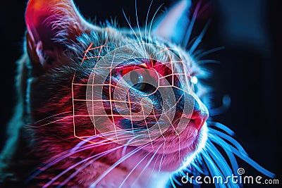 Technologically Enhanced Cat with Glowing Network Connections, Depicting Advanced AI Integration Stock Photo