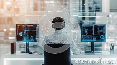 Technologist working on quantum computing cybersecurity in a modern workspace with advanced dual monitors Stock Photo