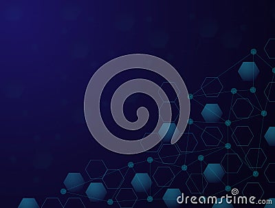 Technology Background. Blue hexagon shape poly dark with Lines and dots connecting for Science,network,internet,data,communication Stock Photo