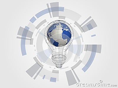 Technology background. 3d world map in bulb represents concept of idea and innovation. Concept of new idea for the future. Cartoon Illustration