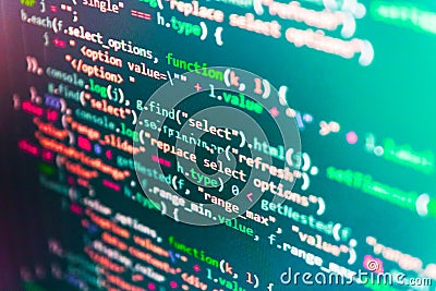 Technology background. Monitor closeup of function source code. WWW software development. Stock Photo