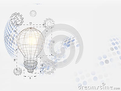 Technology Background. Wireframe lightbulb and 3d gear on dotted sphere background represents technology concept and engineering. Vector Illustration