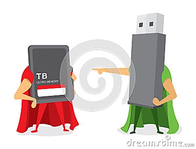 Technology battle between flash drive and memory card heroes Vector Illustration