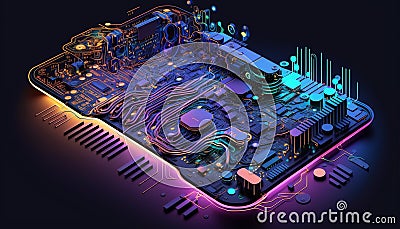 Technology with a captivating circuit board background, featuring intricate electronic pathways. Generative AI Stock Photo