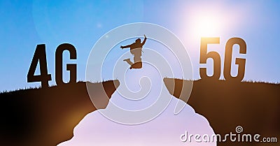 Technology change from 4G LTE to 5G, global wireless network. Silhouette man jumping from cliff to cliff on sky Stock Photo