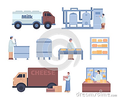 Technology cheese production on milk factory a vector illustration. Vector Illustration