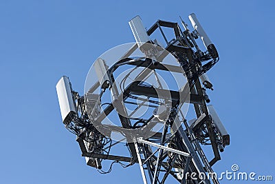 Technology: Close up of a mobile phone relay mast, tower. Telecommunication. 2 Stock Photo