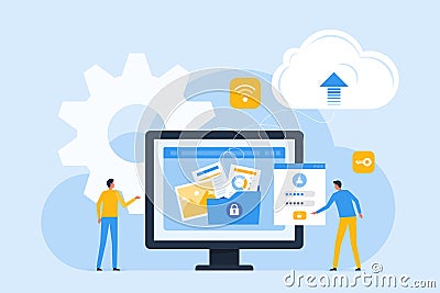 technology cloud storage backup. business cloud computing and datacenter security concept. with administrator and developer team. Vector Illustration