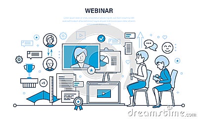 Technology, communications, online learning, trainings, webinars, data and information sharing. Vector Illustration