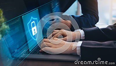 Technology concept with cyber security internet and networking, Businessman hand working on laptop, screen padlock icon on digital Stock Photo