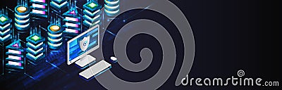Technology concept for data center with server or hosting. Binary code structure. Big data stream. Abstract Isometric information Vector Illustration