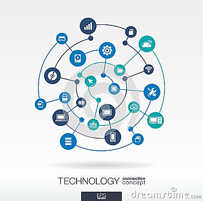 Technology connection concept. Abstract background with integrated circles and icons for digital, internet, network Vector Illustration