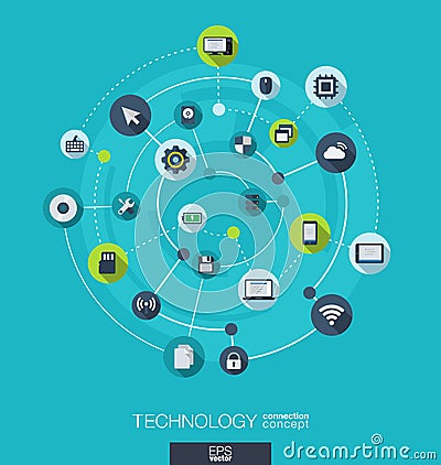 Technology connection concept. Abstract background with integrated circles and icons for digital, internet, network Vector Illustration