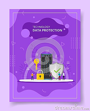 technology data protection people standing around key padlock shield server template of banners, flyer, books cover, magazines Vector Illustration