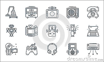 Technology devices line icons. linear set. quality vector line set such as air conditioner, support, camcorder, music player, Vector Illustration