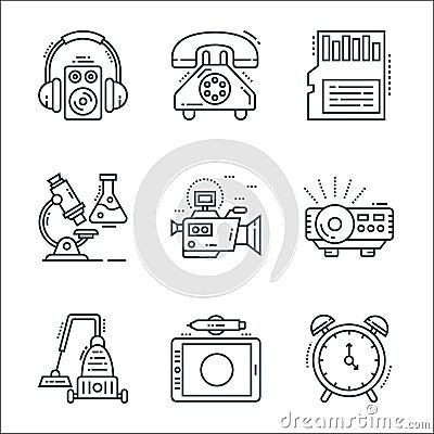 Technology devices line icons. linear set. quality vector line set such as alarm clock, graphic tablet, vaccum cleaner, projector Vector Illustration