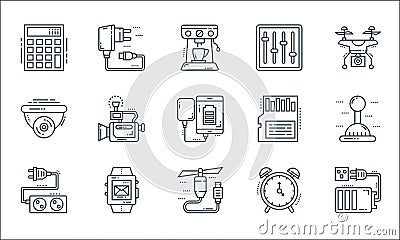 technology devices line icons. linear set. quality vector line set such as battery charge, usb cable, extension cord, alarm clock Vector Illustration