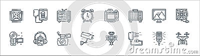 Technology devices line icons. linear set. quality vector line set such as camera drone, usb charger, cctv camera, camcorder, Vector Illustration