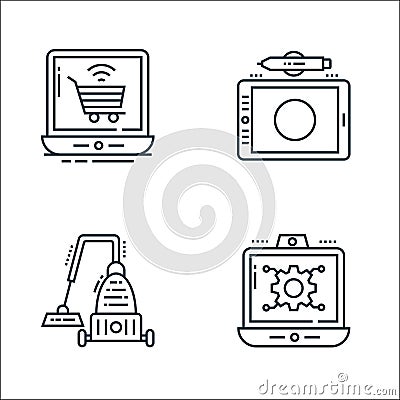 technology devices line icons. linear set. quality vector line set such as configuration, vaccum cleaner, graphic tablet Vector Illustration