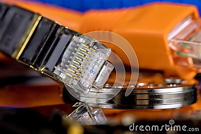 Technology, digital backup using ethernet cables connected to Internet, backup files stored in an a online database Stock Photo
