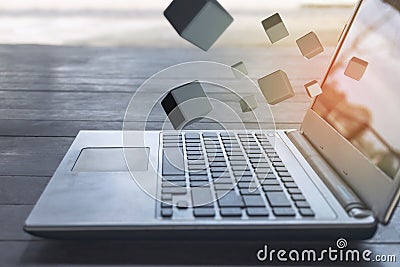 Technology digital laptop keyboard tech double exposure of devices connected to each for abstract design 3D rendering, Business Stock Photo