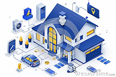 Technology-driven safeguarding with camera in connected home, deploying high-speed cutting edge security management and network se Cartoon Illustration