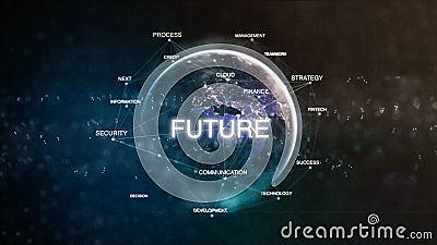 Technology earth from space word set with future in focus. Futuristic financial oriented words cloud 3D illustration Cartoon Illustration