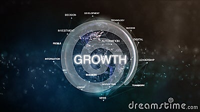 Technology earth from space word set with growth in focus. Futuristic financial oriented words cloud 3D illustration Cartoon Illustration