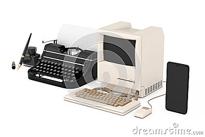 Technology Evolution Concept. Progress from Ancient Fountain Pen with Ink Bottle, through Retro Typewriter and Personal Computer Stock Photo