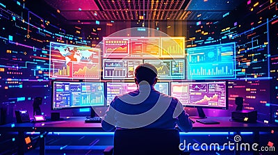 A technology expert working in an AI-powered environment, analyzing dynamic data and futuristic digital visualizations Stock Photo