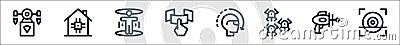 technology of the future line icons. linear set. quality vector line set such as eye scan, blaster, nanorobots, virtual reality, Vector Illustration