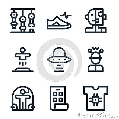 Technology of the future line icons. linear set. quality vector line set such as smart clothing, foldable phone, cloning, mind Vector Illustration