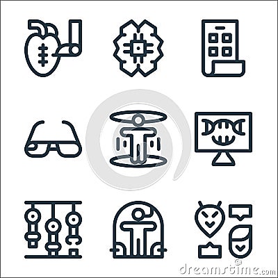 technology of the future line icons. linear set. quality vector line set such as contact, cloning, robotic arm, dna, hologram, Vector Illustration