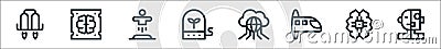 Technology of the future line icons. linear set. quality vector line set such as cyborg, artificial intelligence, hyperloop, Vector Illustration