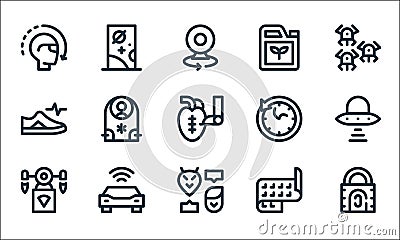 Technology of the future line icons. linear set. quality vector line set such as fingerprint scan, contact, drone delivery, Vector Illustration