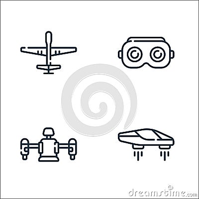 technology of the future line icons. linear set. quality vector line set such as flying car, jetpack, vr glasses Vector Illustration