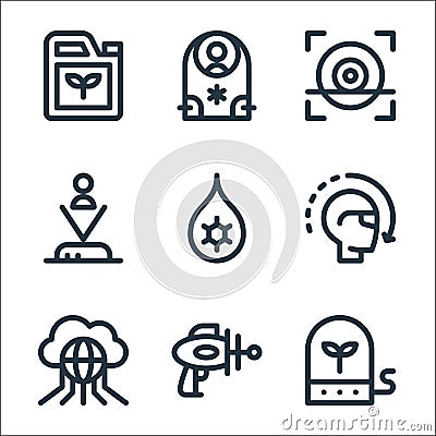 Technology of the future line icons. linear set. quality vector line set such as plant, blaster, internet of things, virtual Vector Illustration