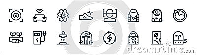 Technology of the future line icons. linear set. quality vector line set such as plant, fingerprint scan, cloning, eco energy, Vector Illustration