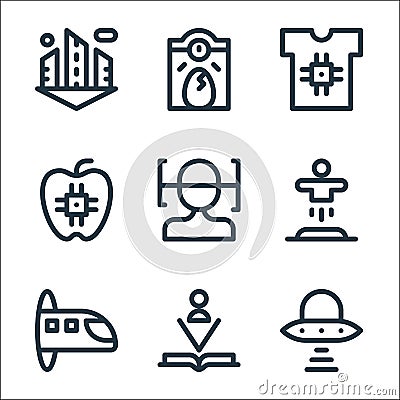 technology of the future line icons. linear set. quality vector line set such as ufo, book, hyperloop, teleportation, face scan, Vector Illustration