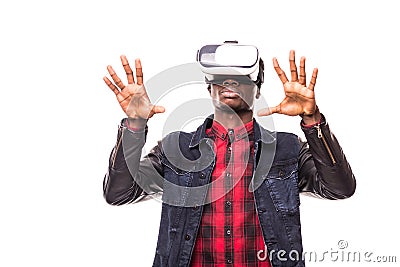 Technology, gaming, entertainment and people concept. African man wearing formal suit and virtual reality headset or 3d glasses, p Stock Photo