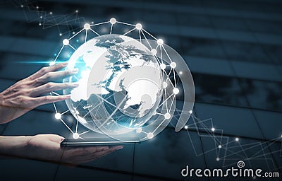 Technology for global network concept, Man hands using the world sphere with smartphone connected. Stock Photo