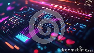 Technology grids display holograms representing a variety of user interface elements and callouts, including titles Stock Photo