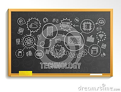 Technology hand draw integrate icons set on school blackboard Vector Illustration