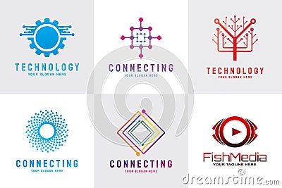 Technology icon, cyber security symbol, global engineering logo, gear, light bulb, brainstorming, circuit connection, computer Vector Illustration