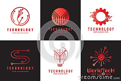 Technology icon, cyber security symbol, global engineering logo, gear, light bulb, brainstorming, circuit connection, computer Vector Illustration