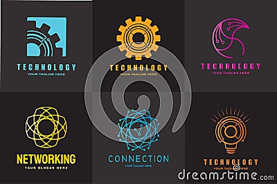 Technology icon, cyber security symbol, global engineering logo, gear, light bulb, brainstorming, circuit connection, computer Vector Illustration
