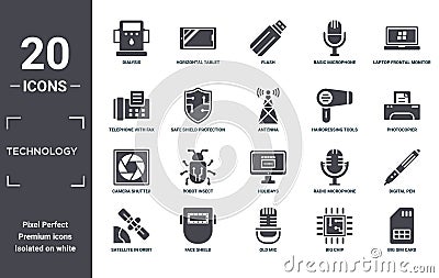 technology icon set. include creative elements as dialysis, laptop frontal monitor, hairdressing tools, holidays, face shield, Vector Illustration