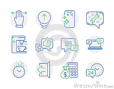 Technology icons set. Included icon as Swipe up, Finance calculator, Sign out signs. Vector Vector Illustration