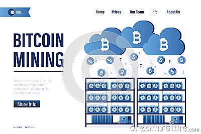Technology of Industrial mining cryptocurrency. Bitcoin mining, landing page template. Distributed cloud computing Vector Illustration