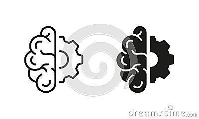 Technology Innovation Concept, Strategy Think Symbols. Half of Human Brain and Half of Gear Line and Silhouette Icon Set Vector Illustration